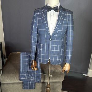Men’s Blue Check Plaid 3 Piece Suit One Button Peak Lapel 30 Jacket 29 Pants NEW